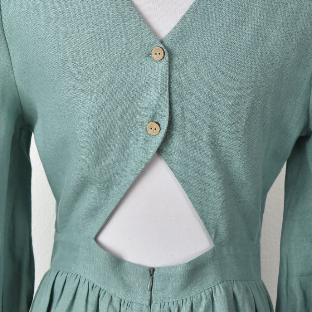 Linen Handmade Studio Open Back Madeleine Midi Dress Teal - 6 - Picture 7 of 11